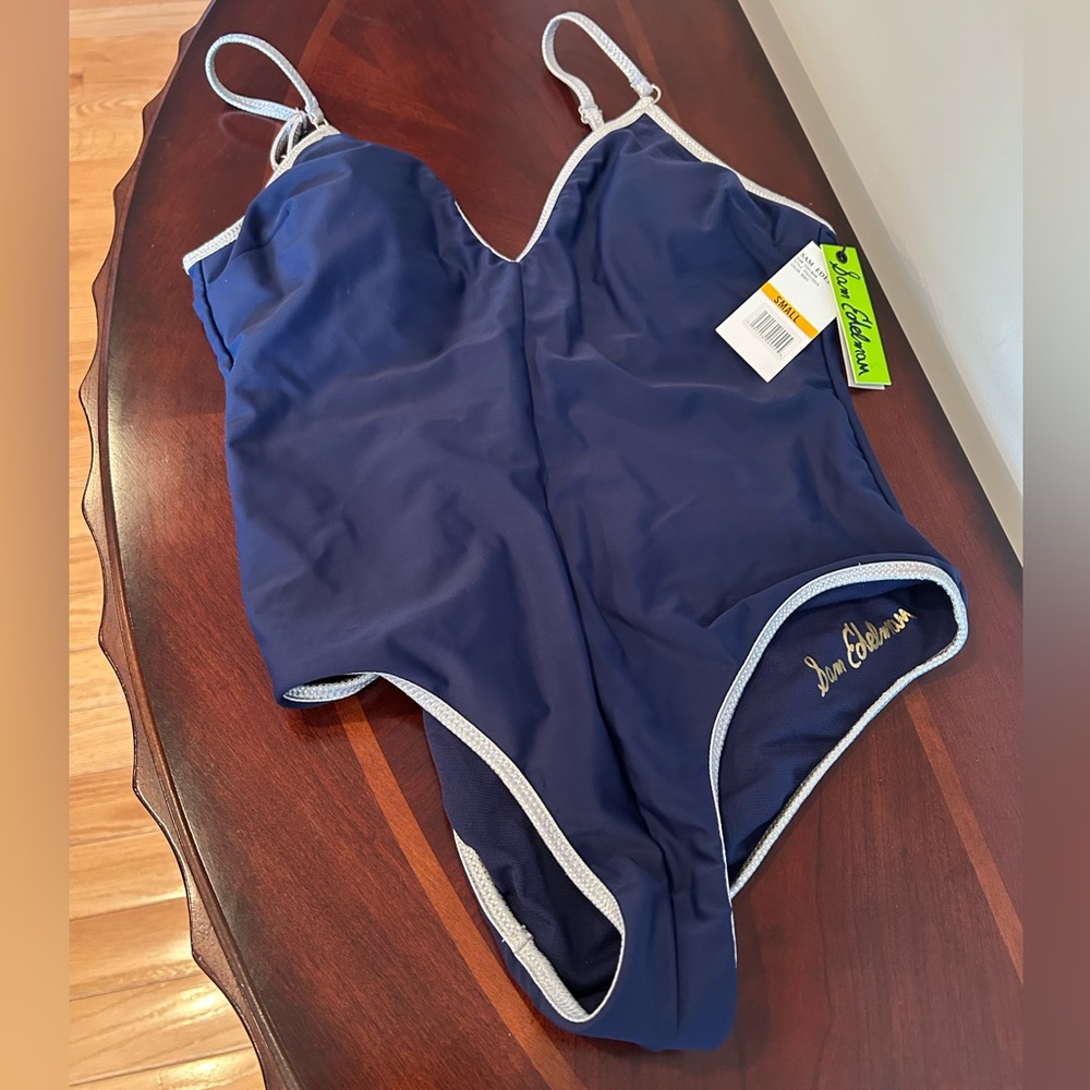 NWT Sam Edelman Blue One Piece Swimsuit with Silver Metallic Accents